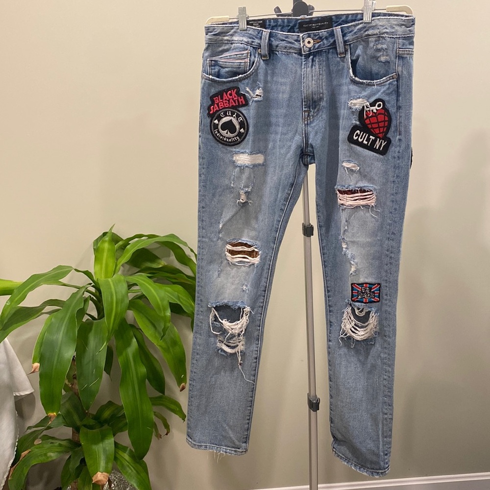Cult of Individuality Heritage Denim Rocker Slim Distressed Jeans with Patches